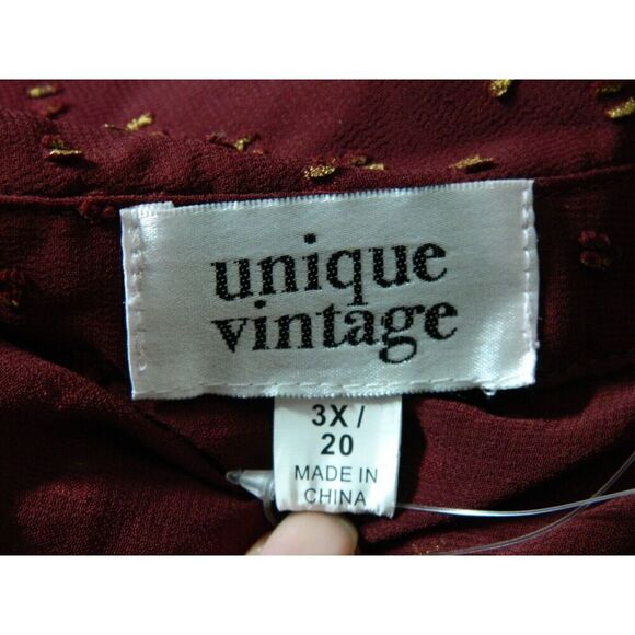 Unique Vintage Dress Size 3X/20 Burgundy Gold Clip Dot Blanche Maxi Shirt Belted - Picture 10 of 10
